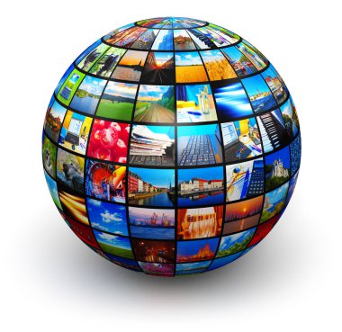 Yaratıcı soyut web streaming medya Tv video hizmeti teknolojisi, multimedya iş internet iletişimi ve sinema içerik üretim kavramı: yuvarlak küre ya da Dünya renkli resimlerin ve renkli fotoğraf kolaj veya mo ile 3d render gösteren resim