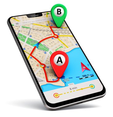 Creative abstract GPS satellite navigation, travel, tourism and location route planning business concept: 3D render illustration of the modern black glossy touchscreen smartphone or mobile phone with wireless navigator city map service internet appli clipart