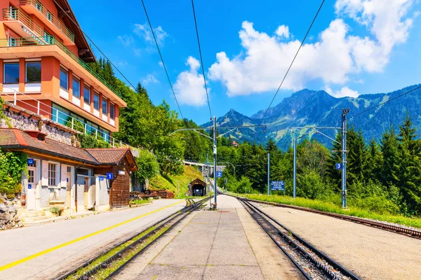 在瑞士阿尔卑斯山山脉切罗什德内山顶的途中 考克斯齿轮火车站的风景秀丽的夏日景色 — 图库照片