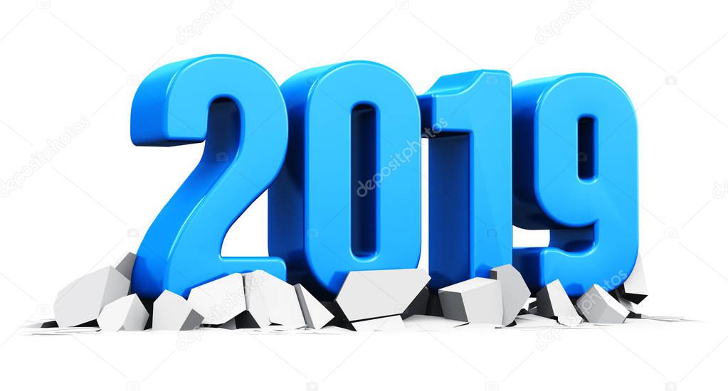 3D render illustration of blue creative abstract New Year 2019 holiday beginning celebration concept on cracked surface isolated on white background