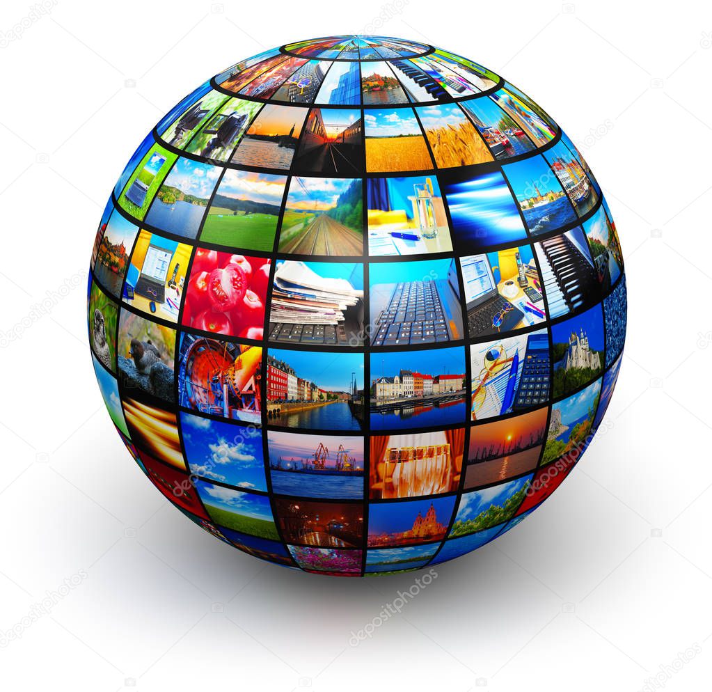 Creative abstract web streaming media TV video service technology, multimedia business internet communication and cinema content production concept: 3D render illustration of round sphere or globe with color pictures and colorful photos collage or mo