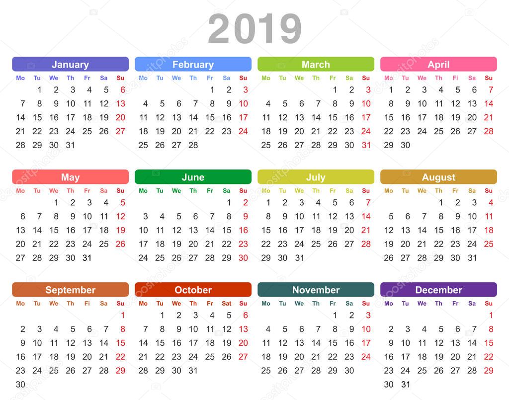 Color vector illustration of 2019 year annual calendar (Monday first, English) isolated on white background