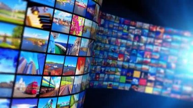 Web streaming medya Tv video hizmeti teknolojisi, multimedya iş internet iletişimi ve sinema içerik üretim kavramı: ekranlar renkli fotoğraflar ve renkli görüntüler farklı görüntülerle sonsuz duvarlı 3d video siyah arka plan
