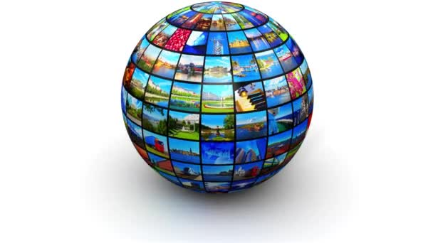 网络流媒体电视视频服务技术 多媒体商务网络通信和电影内容制作概念 渲染圆形球体或地球仪的插图 彩色图片和彩色照片拼贴或蒙太奇隔离 — 图库视频影像