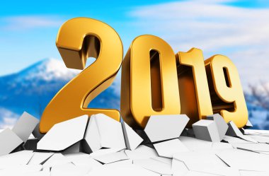 3D altın yaratıcı soyut yeni yıl 2019 tatil başlangıcı kutlama kavramı kırık yüzeyi beyaz arka plan üzerinde izole çizimi işlemek