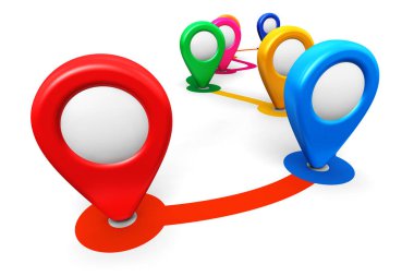 Yaratıcı soyut Gps uydu navigasyon ve konumu rota planlama iş kavramı: 3d render illüstrasyon renk rota ile hedef işaretçi işaretleyici renkli bağlantı simgeleri beyaz arka plan üzerinde izole