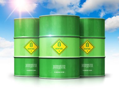Yaratıcı soyut ekoloji, alternatif sürdürülebilir enerji ve çevre koruma tasarruf iş kavramı: 3d render illüstrasyon yeşil metal biyoyakıt davul veya biyodizel varil ile bulutlar ve güneş ışığı üzerinde izole mavi gökyüzü karşı Grup
