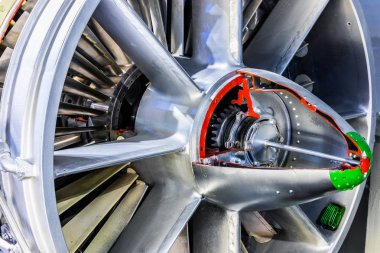 Yaratıcı soyut Havacılık sanayi teknoloji kavramı: makro görünümü uçağı turbojet türbin motoru ekipman