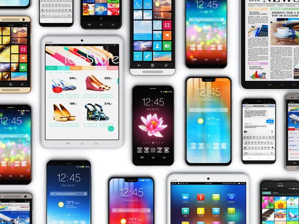 Yaratıcı soyut hareketlilik ve dijital kablosuz iletişim teknolojisi iş kavramı: 3d render illüstrasyon grup tablet bilgisayar Pc ve modern dokunmatik akıllı telefonlar veya mobil telefon elektronik aygıtı cihazlar çeşitli internet ile ap