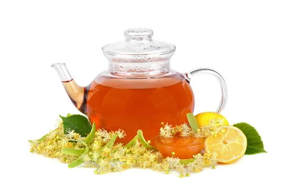 茶与椴树花和新鲜的蜂蜜在白色背景 — 图库照片