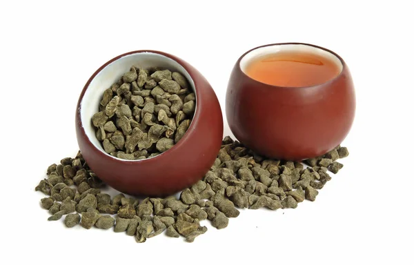 Kop Van Gedroogde Groene Thee Verlaat Met Ginseng Kopje Thee — Stockfoto