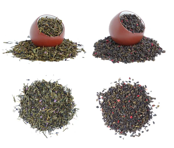 Csésze Kétféle Illatos Zöld Tea Levelek Vörös Virág Szirom Levendula — Stock Fotó