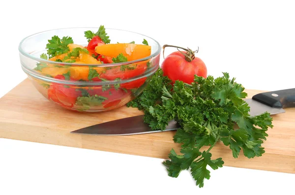 Fresh Salad Glass Bowl Greens Tomatoes White Background — Stock Photo, Image