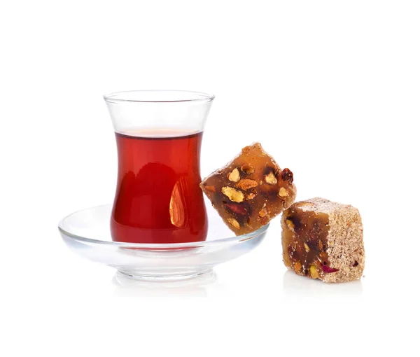 Traditionella Marmeladkonfekt Rahat Lokum Med Glas Vit Bakgrund — Stockfoto
