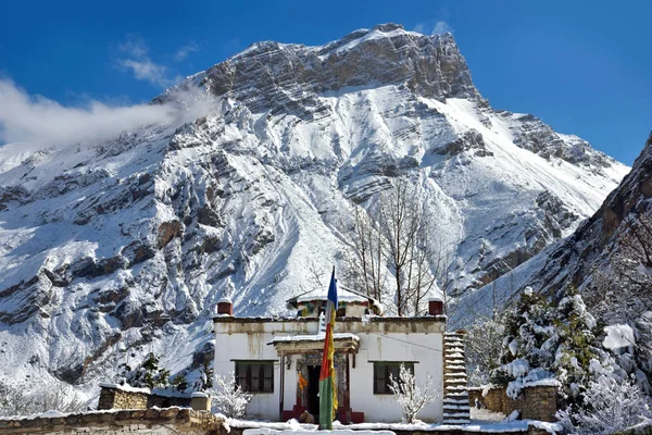 Boeddhistische Pagode tegen besneeuwde berg piek — Stockfoto