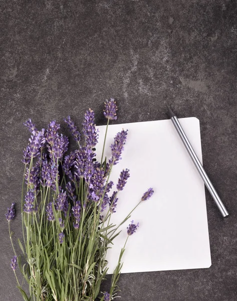 開いた空白のメモ帳とラベンダーの花束のトップビュー — ストック写真