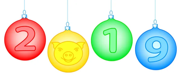 Ilustración Las Bolas Navidad Con Cara Cerdo Número 2019 — Vector de stock