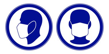 Yüz maskesi içinde insan yüzleri olan zorunlu uyarı işaretlerinin çizimi