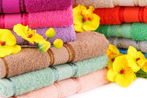 Colorful Towels Stacks Flowers Closeup Picture — Stock Photo, Image