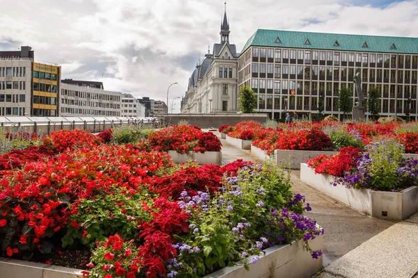 Oslo Norwegen August 2014 Straße Mit Gebäuden Menschen Und Blumen — Stockfoto