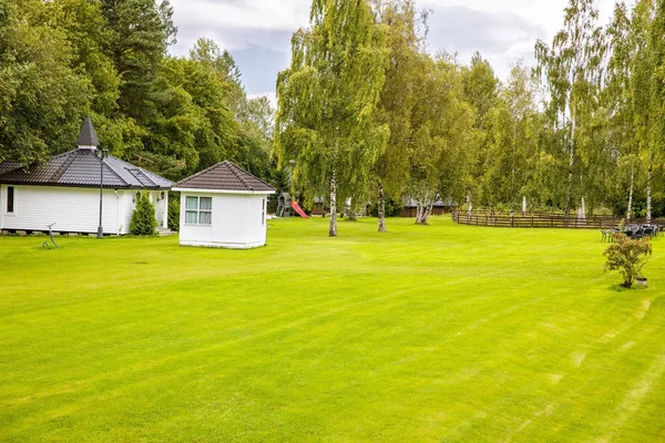 Landscape White Wooden Cottages Garden Norway — Stock Photo, Image