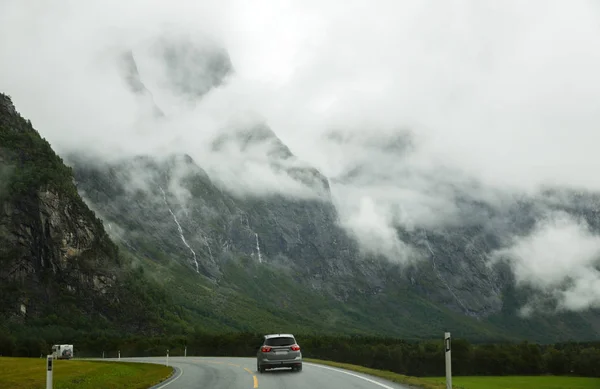 Landscape with rocky mountains and road in Norway.