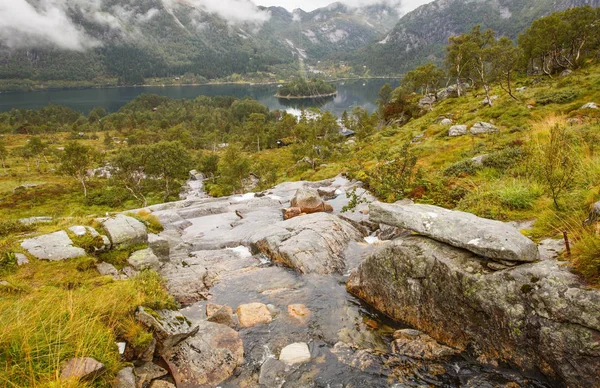 Dağlar Orman Göl Köy Ile Sisli Gün Norveç Manzara — Stok fotoğraf