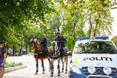 Oslo, Norveç-Ağustos 13, 2014 - Norveç Parlamentosu Binası ve gösteri sırasında bir protesto, Stortinget atlı polis.