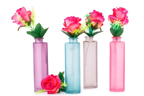 Rosa Rose Tessuto Vasi Colorati Isolati Sfondo Bianco — Foto Stock