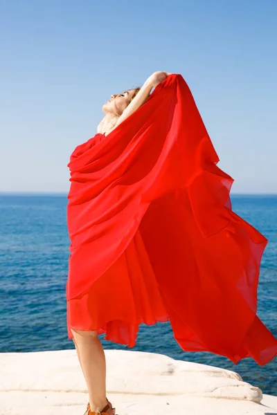 Pretty Blond Woman Red Dress Beach Cyprus — Stock Photo, Image