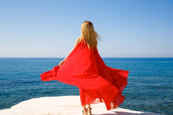 Pretty Blond Woman Red Dress Beach Cyprus — Stock Photo, Image