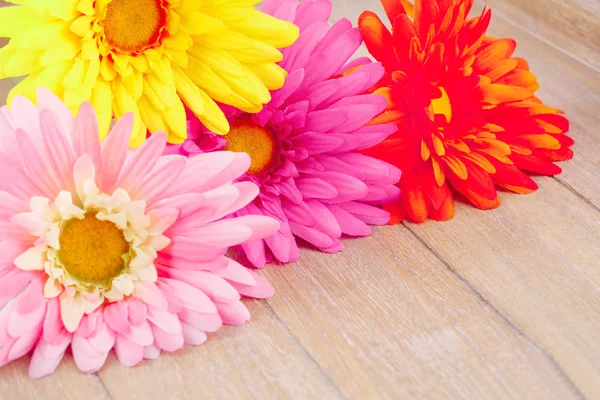 Colorful Fabric Daisies Wooden Background Closeup Picture — Stock Photo, Image