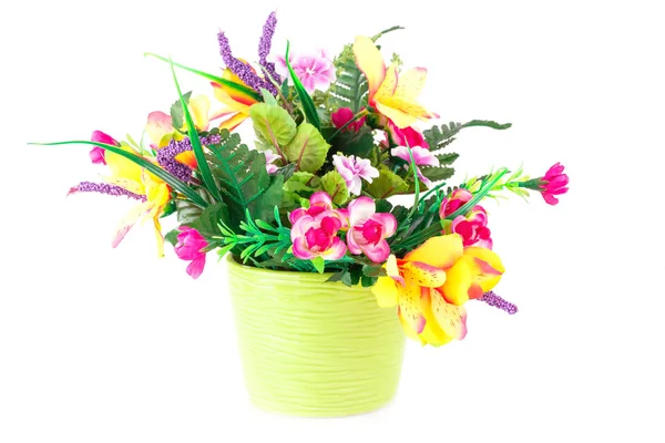 彩色织物鲜花插在花瓶里孤立在白色背景上 — 图库照片