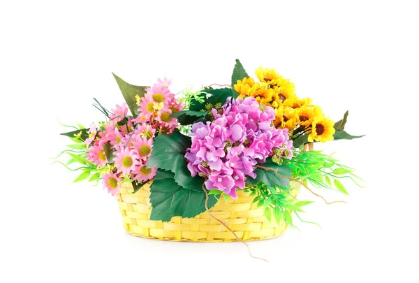 Colorful Fabric Flowers Wicker Basket Isolated White Background — Stock Photo, Image