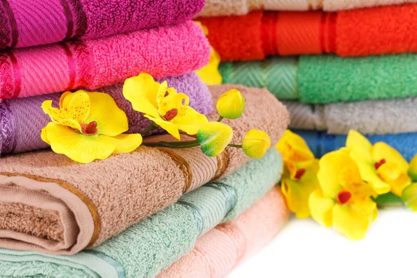 Colorful Towels Stacks Flowers Closeup Picture — Stock Photo, Image