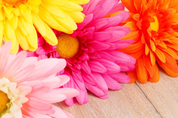 Colorful Fabric Daisies Wooden Background Closeup Picture — Stock Photo, Image