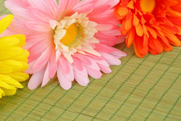 Colorful Fabric Daisies Bamboo Background Closeup Picture — Stock Photo, Image