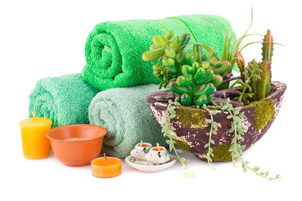 Wellness Set Mit Handtüchern Kerzen Und Pflanzen Vase Isoliert Auf — Stockfoto