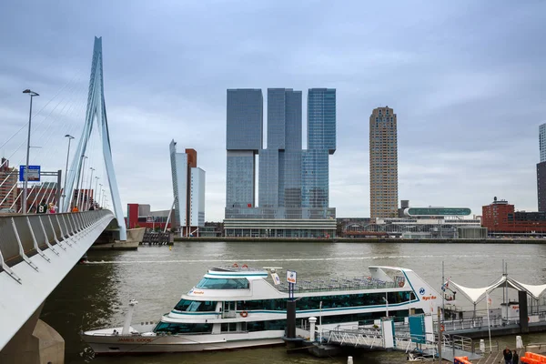 ロッテルダム オランダ エラスムス橋マース川と近代的な建物の表示 — ストック写真