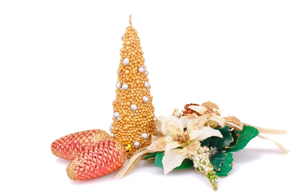 Vela Natal Flores Cones Isolados Fundo Branco — Fotografia de Stock