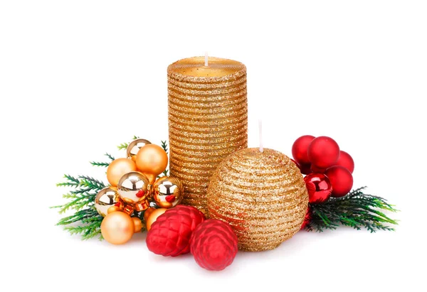 Christmas Candles Balls Fir Tree Branches Isolated White Background — Stock Photo, Image