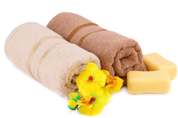 Rolled Towels Soaps Flowers Isolated White Background — Stock Photo, Image