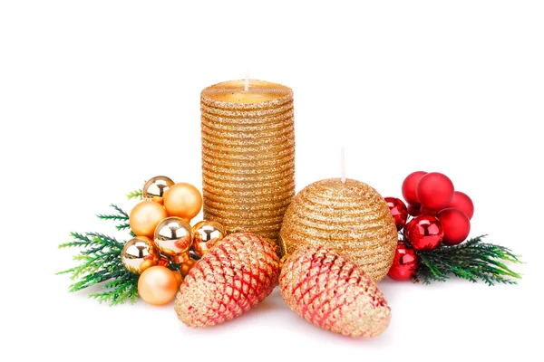 Christmas Candle Balls Fir Tree Branches Isolated White Background — Stock Photo, Image