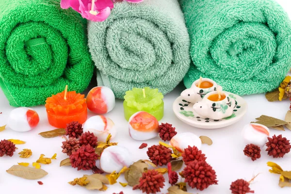 Spa Set Towels Candles Flowers Stones Closeup Picture — Stock Photo, Image