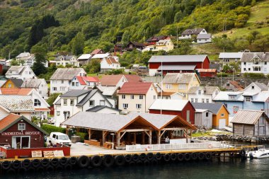 Undredal, Norveç-Ağustos 16, 2014 - turistler ve yerel halkın Undredal köyü bağlantı noktasında.