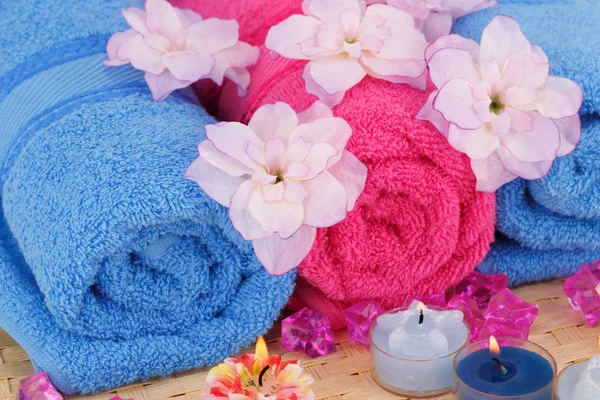 Spa Set Towels Candles Flowers Bamboo Background — Stock Photo, Image