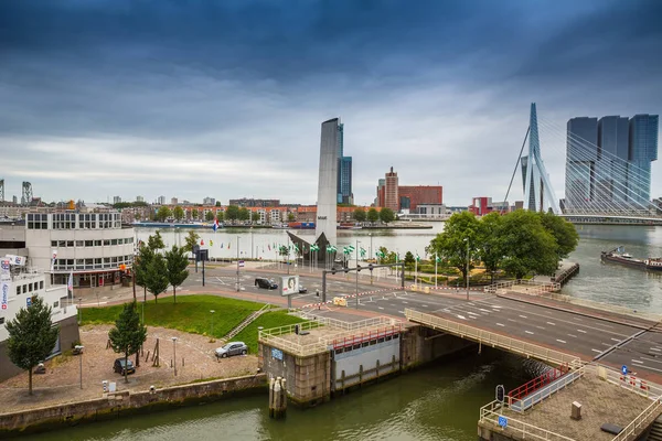Rotterdam Niederlande August Erasmusbrücke Über Den Maasfluss Und Moderne Gebäude — Stockfoto