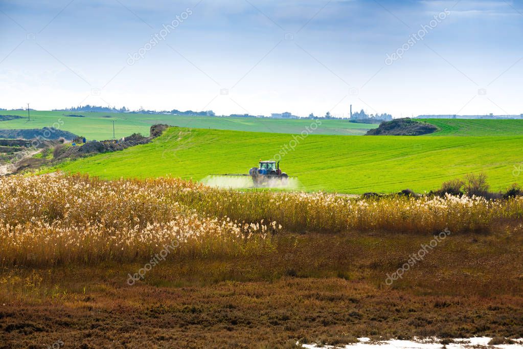 Tractor spraying the chemicals on the large green field near the swamp in Cyprus.