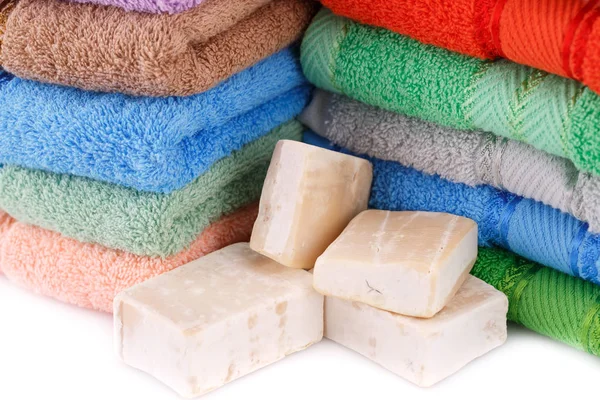 Colorful Towels Stacks Soaps Closeup Picture — Stock Photo, Image