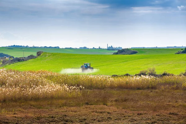 Traktor Sprutning Kemikalier Det Stora Gröna Fältet Nära Träsket Cypern — Stockfoto